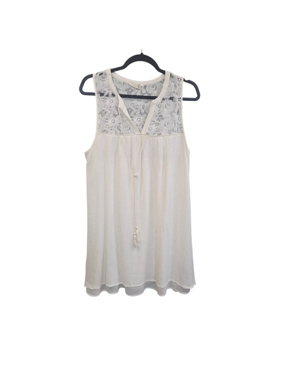 Vestique L Sleeveless Ivory Lace Top With Tassel Tie Neck 4161